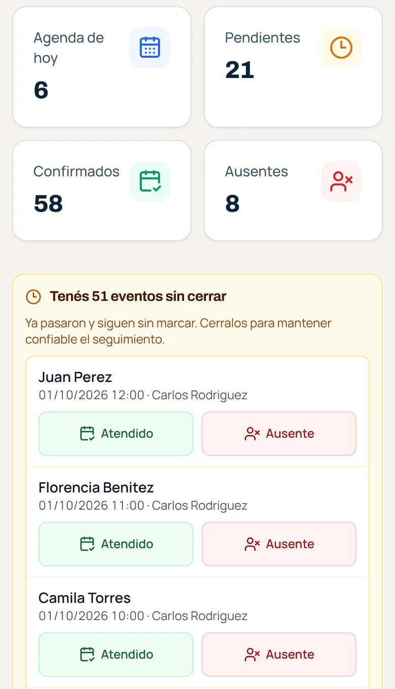 La agenda en el celular: turnos de hoy, pendientes y eventos sin cerrar con los botones de atendido y ausente.
