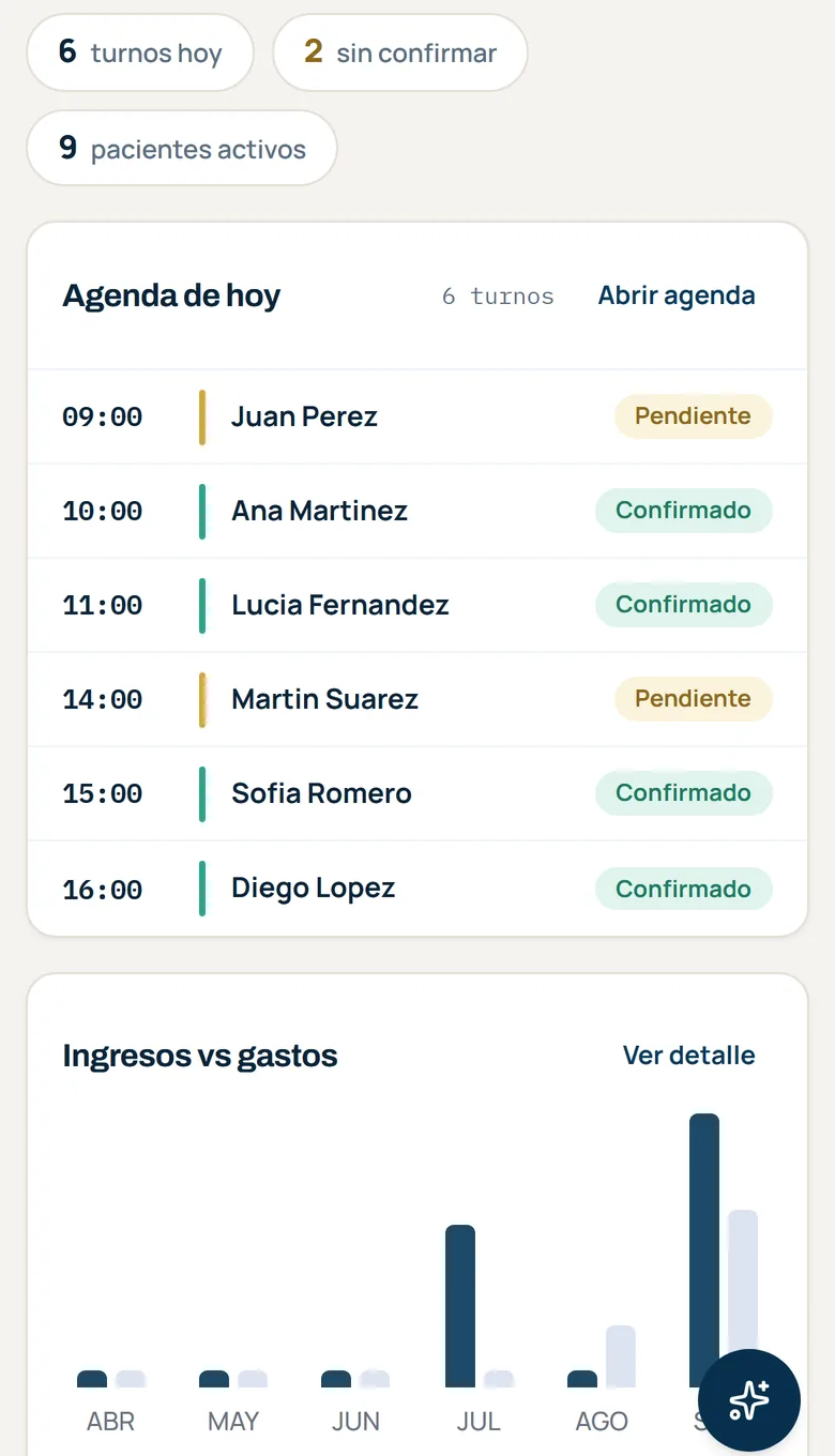 El panel en el celular: la agenda de hoy y los ingresos contra los gastos de cada mes.